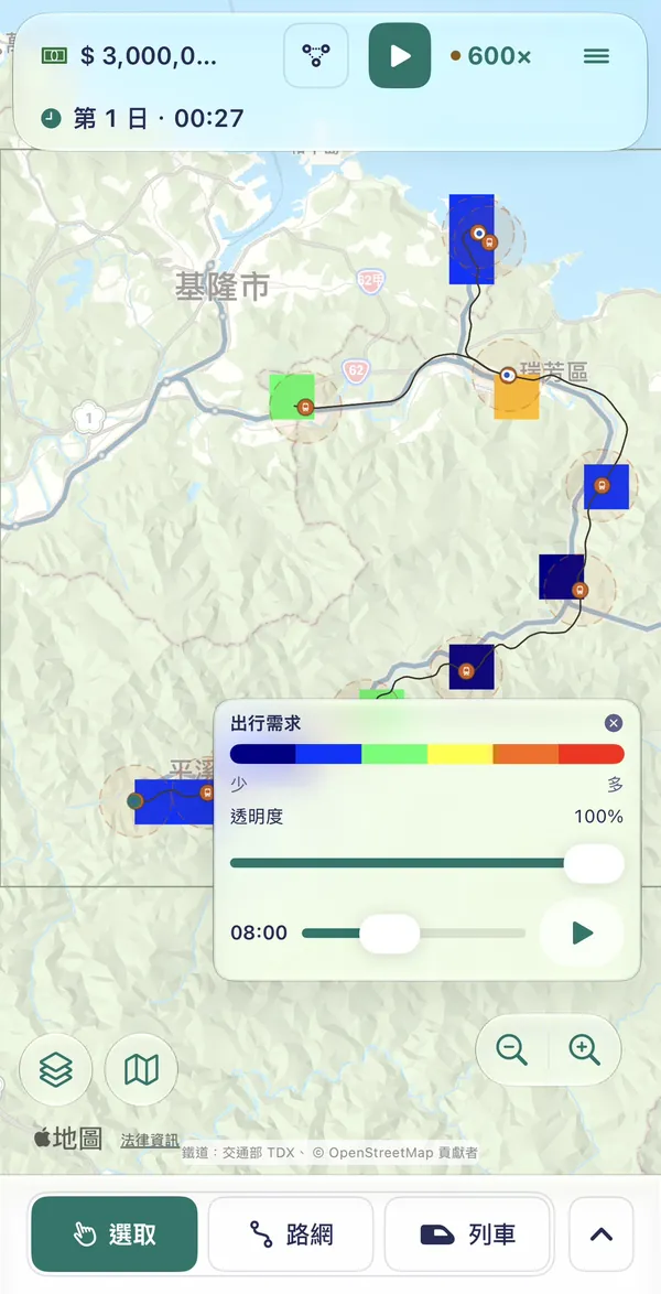 Travel demand layer: around Keelung, Ruifang and Pingxi, blocks of blue, green and yellow around each station show demand at 8 a.m.